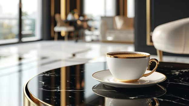 A cup of coffee in an elegant, luxurious and contemporary setting. AI generated.