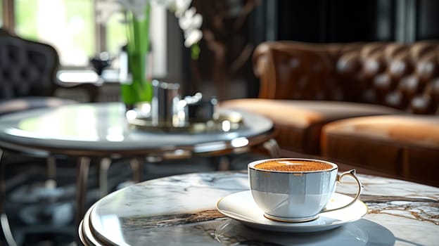 A cup of coffee in an elegant, luxurious and contemporary setting. AI generated.