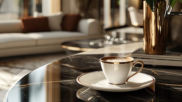 A cup of coffee in an elegant, luxurious and contemporary setting. AI generated.