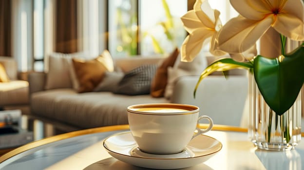 A cup of coffee in an elegant, luxurious and contemporary setting. AI generated.