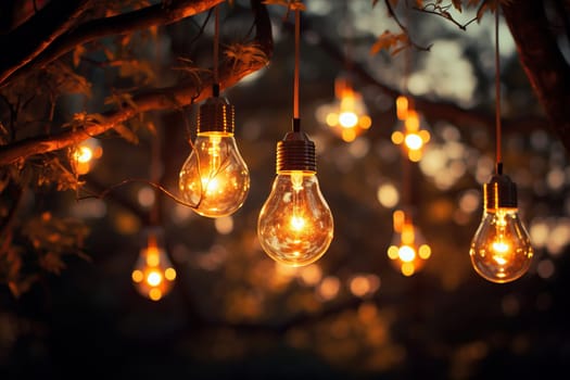 A garland of light bulbs on tree branches in the evening.