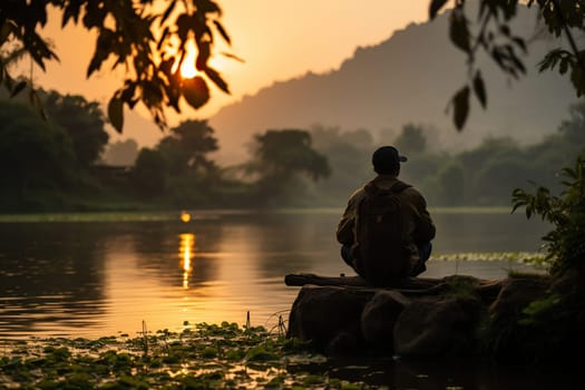 A man admires nature near a pond in the forest. A man is in harmony with nature.