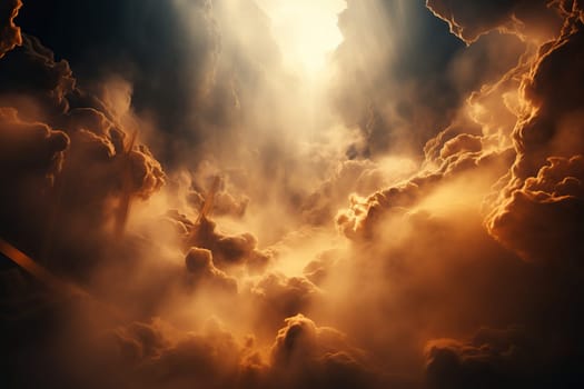 Background with huge clouds of dust, smoke in the rocks in warm light.