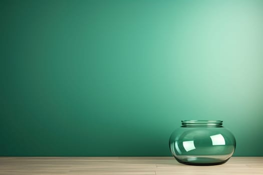 Sea wave color in the interior. Green glass vessel on the background of an empty green wall.