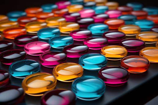 Side view of a set of glossy round buttons on a black background.