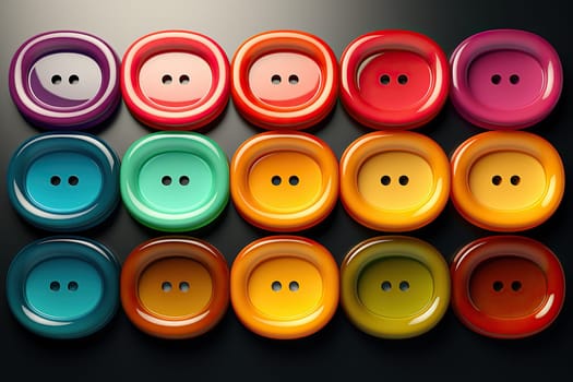 Collection of plastic multi-colored buttons for sewing on a black background.