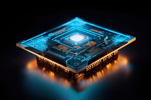 A close-up of a glowing blue microchip, symbolizing advanced technology and electronics, set against a dark backdrop.
