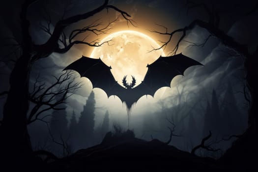 A mystical scene with a bat silhouette flying against a full moon amidst twisted trees and foggy night atmosphere.