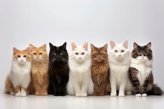 Seven assorted cats with vibrant eyes and diverse fur colors sitting against a white background, representing different breeds.