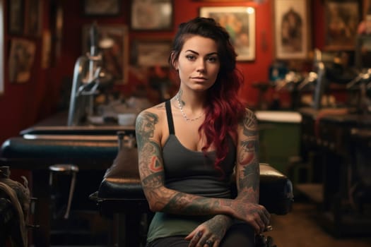 Portrait of a woman with vibrant tattoos sitting contemplatively in the atmospheric interior of a tattoo studio.