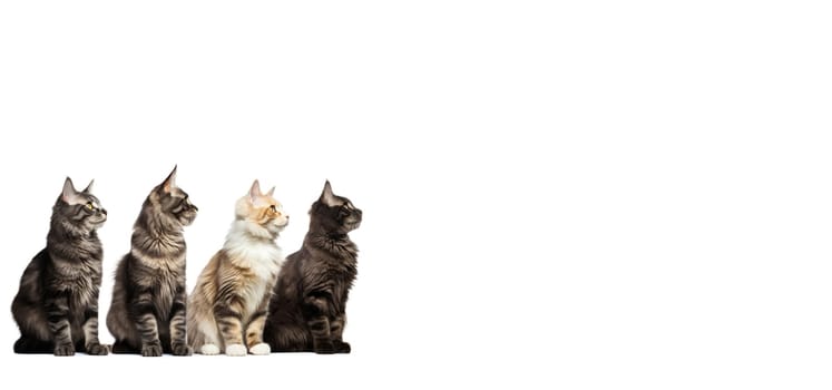 A curious line-up of Maine Coon cats gazing upwards, showcasing their distinctive features against a clean white background.