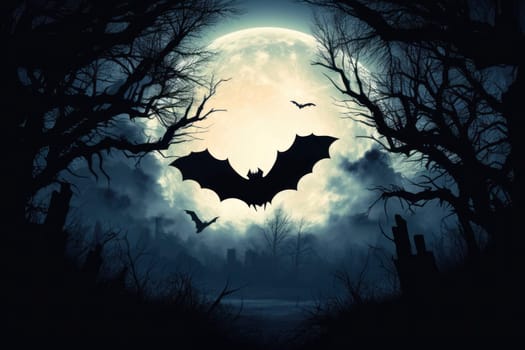 A mystical scene depicting bats flying across a misty, moonlit sky, with a silhouette of a graveyard below.