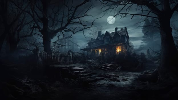 An ominous haunted house illuminated by lanterns under a full moon, surrounded by barren trees in a foreboding forest.