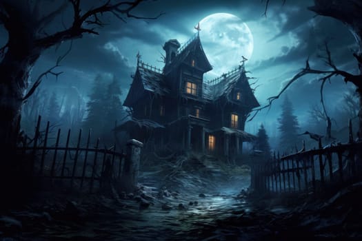 A spooky gothic haunted house under a full moon, creating a chilling scene perfect for a horror or Halloween setting.