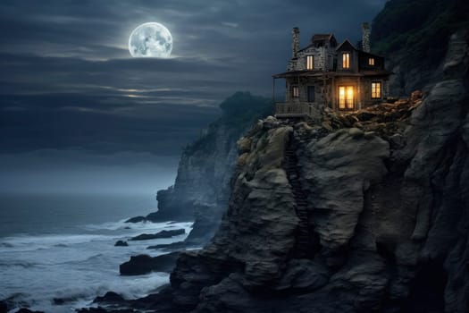 An isolated stone house stands on a cliff with a full moon in the background, creating a mysterious and serene seaside scene.