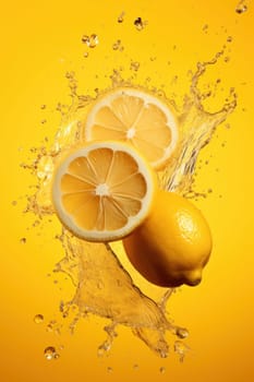 Bright yellow lemons and slices caught in a dynamic water splash, contrasting against a vivid yellow backdrop.