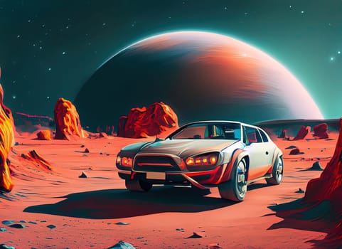 Alien Planet Landscape with Car and Moon. 3d illustration. AI Generated.