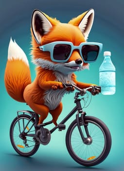 Cool fox riding a bicycle with a bottle of water on blue background. AI Generated.