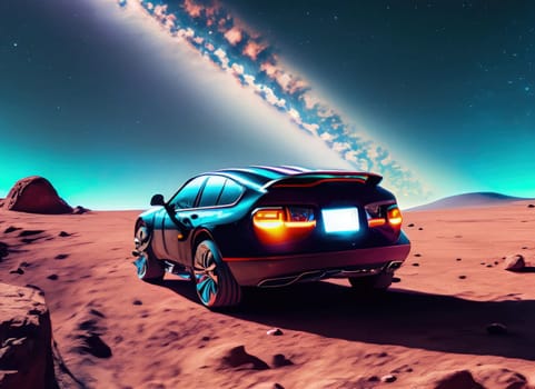 3D rendering of a car in the desert against a starry sky of milky way galaxy. AI Generated.