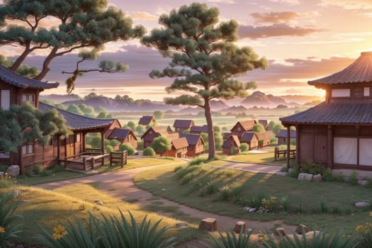 Traditional japanese village at sunset. 3d render illustration. AI Generated.