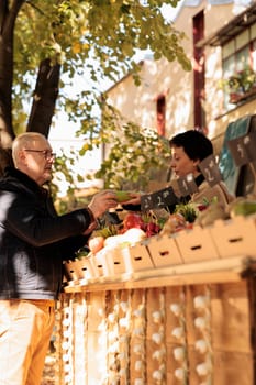 Young farmer selling organic colorful fruits and vegetables at local farmers market stand, small business. Food market seller showing fresh veggies to senior customer, farming store.