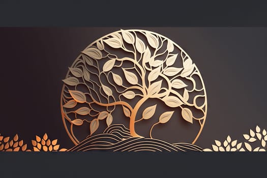 Golden tree logo on dark background - ecology and environment related illustration - generative AI