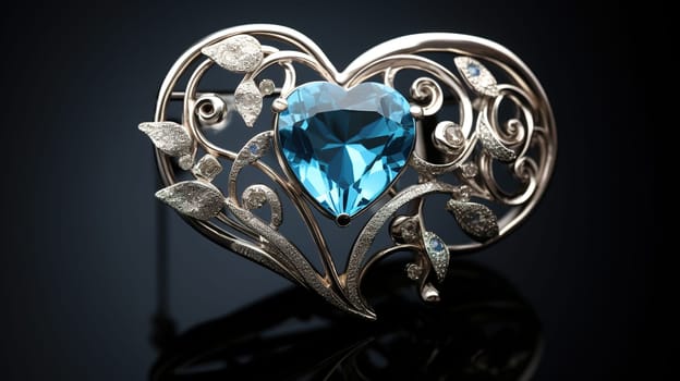 Silver brooch in the shape of a heart with a blue topaz crystal in the middle, a gift for your beloved woman on Valentine's Day, Mother's Day as symbol of love,color of the year 2024, Generated AI