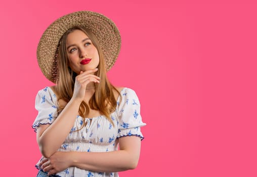 Thinking around woman on pink background. Smart student girl finding answer or trying to remember what she forgot, memory concept. Copy space. High quality