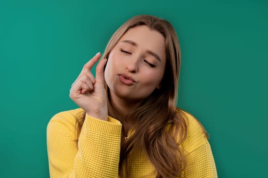 Young woman showing invisible small tiny abstract subject, object sizes. High quality photo