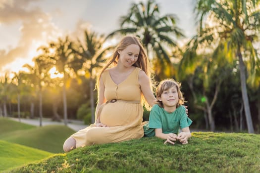 Heartwarming outdoor bonding as a pregnant mom and her son enjoy quality time together, savoring the beauty of nature and creating cherished moments.