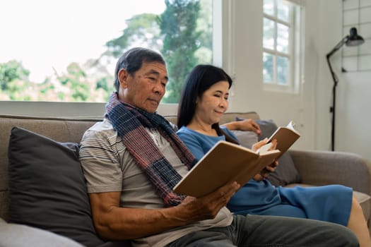 Retired elderly couple sits on couch in their home reading relaxing book. Senior Activity Concept.