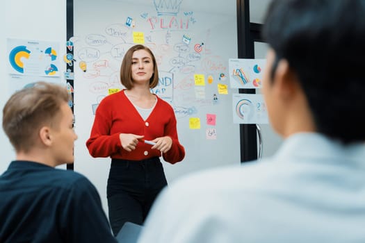 Professional attractive female leader presents creative marketing plan by using brainstorming mind mapping statistic graph and colorful sticky note at modern business meeting room. Immaculate.