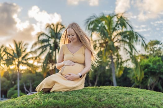 Tranquil scene as a pregnant woman enjoys peaceful moments in the park, embracing nature's serenity and finding comfort during her pregnancy.