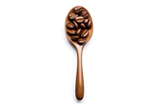 Coffee beans on wooden scoop isolated on white background. Generative AI.