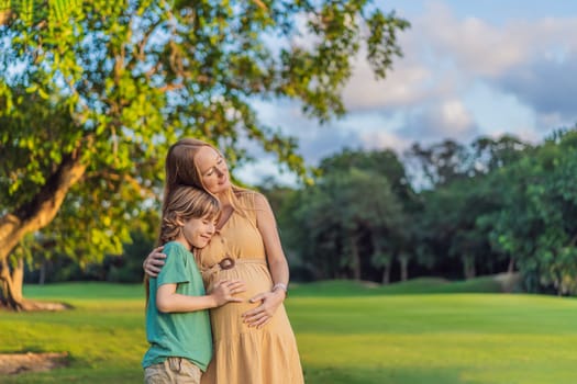 Heartwarming outdoor bonding as a pregnant mom and her son enjoy quality time together, savoring the beauty of nature and creating cherished moments.