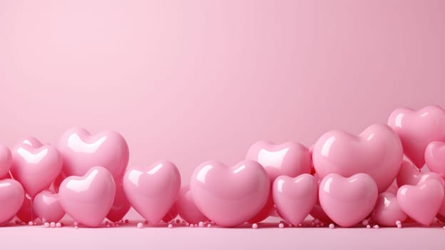 Pink hearts and pink balloons with copy space. Generative AI.