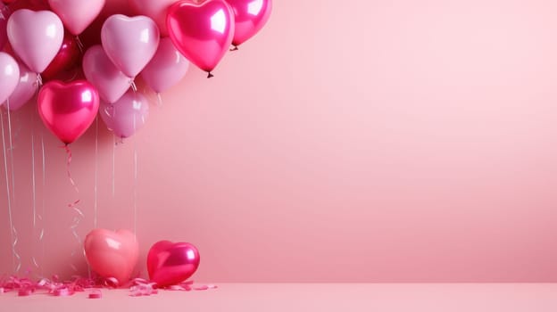 Pink hearts and pink balloons with copy space. Generative AI.