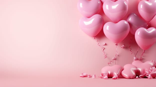 Pink hearts and pink balloons with copy space. Generative AI.