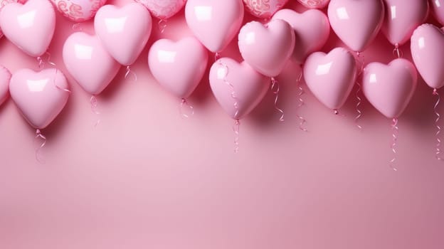 Pink hearts and pink balloons with copy space. Generative AI.