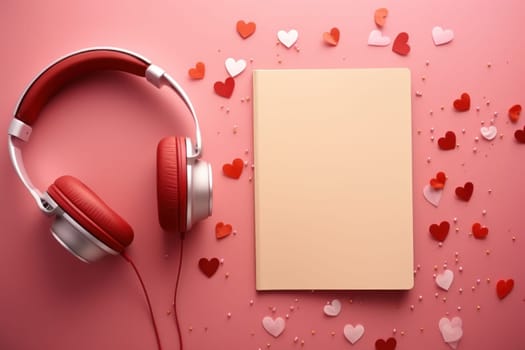 Flat lay of red notebook covered with headphones on pink background. Generative AI..