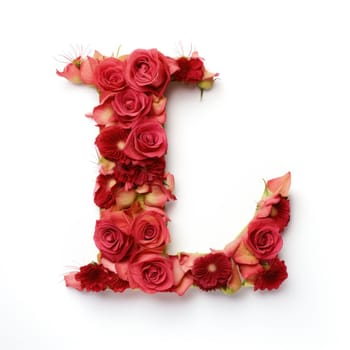 English letter L, whose texture is red rose. white background. Generative AI.
