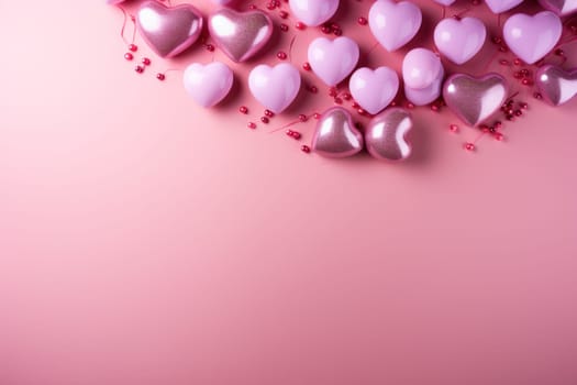 Pink hearts and pink balloons with copy space. Generative AI.