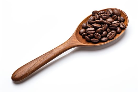 Coffee beans on wooden scoop isolated on white background. Generative AI.