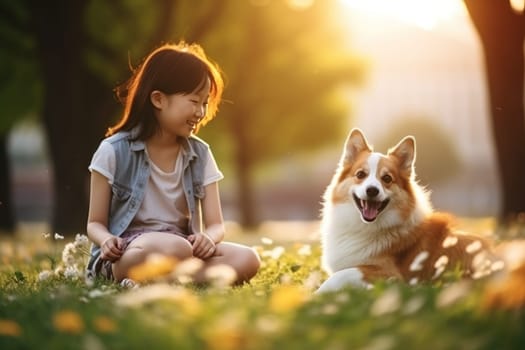 Young girl playing with happy Welsh Corgi dog in the park on a sunny summer day. Generative AI.