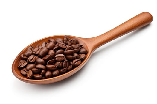 Coffee beans on wooden scoop isolated on white background. Generative AI.