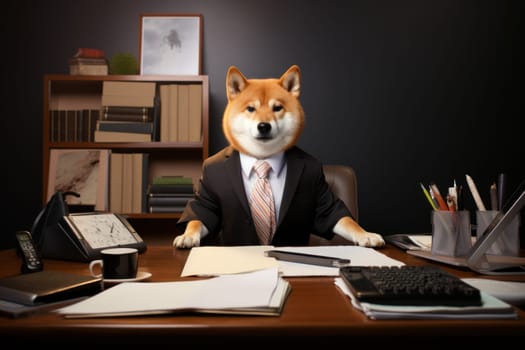 Shiba like a boss sitting behind a desk in style of Anthropomorphic animals. Generative AI.