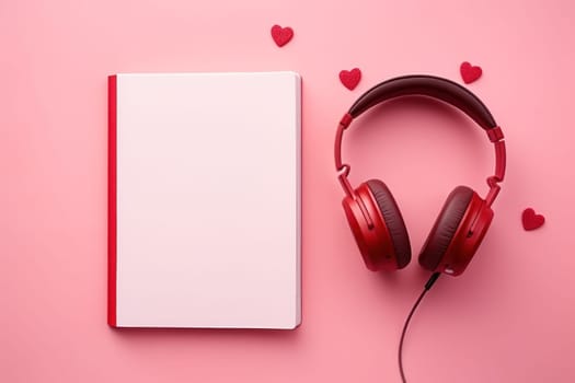 Flat lay of red notebook covered with headphones on pink background. Generative AI..