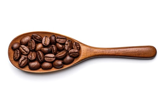 Coffee beans on wooden scoop isolated on white background. Generative AI.