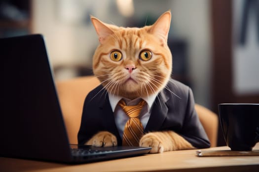 Ginger cat wearing a business suit and typing on a laptop at a desk. Generative AI.