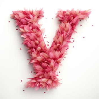 English letter V, whose texture is pink feather. white background. Generative AI.